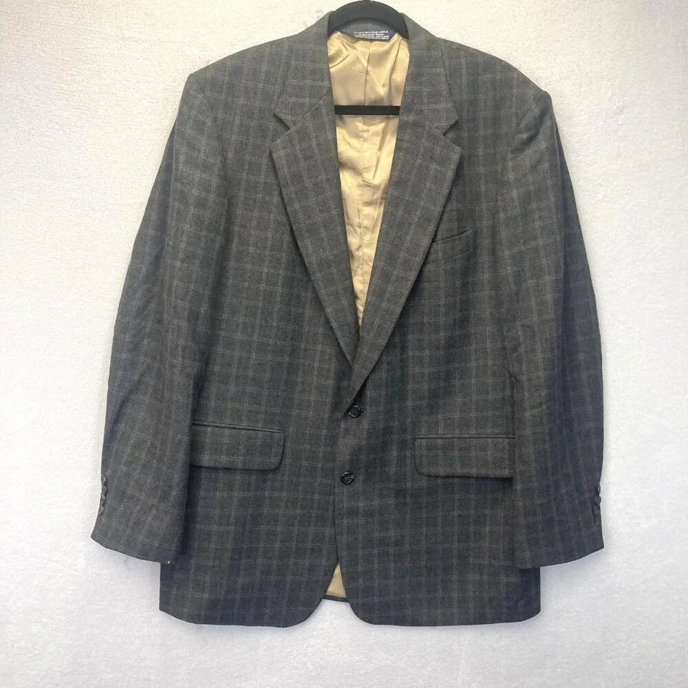Lands' End 100% Lambswool‎ Blazer Jacket Mens 42 Long 42L Gray Plaid USA Made